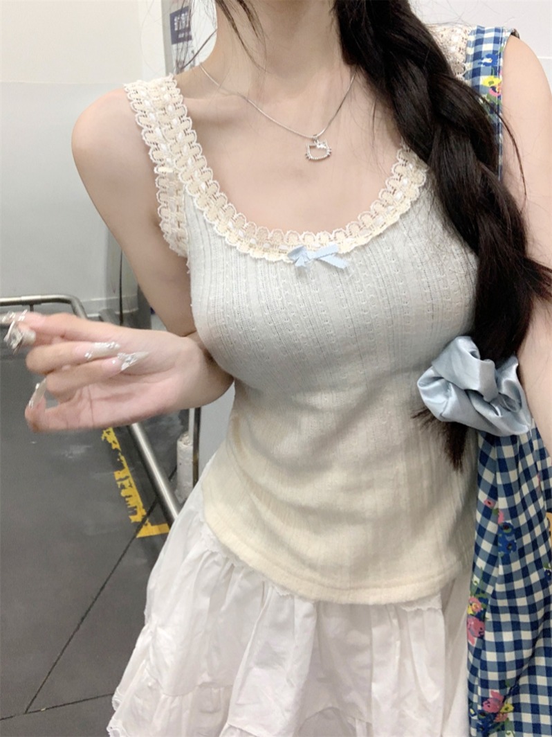 實拍 純欲風花邊蝴蝶結吊帶女修身顯瘦百搭短款內搭外穿上衣