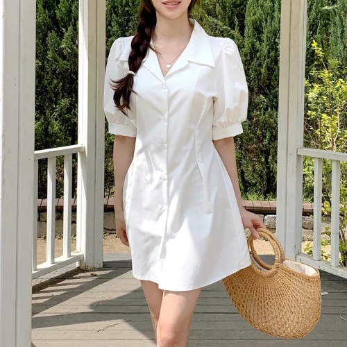 chic 韩版夏季简约气质西装领泡泡袖单排扣收腰衬衫短裙连衣裙