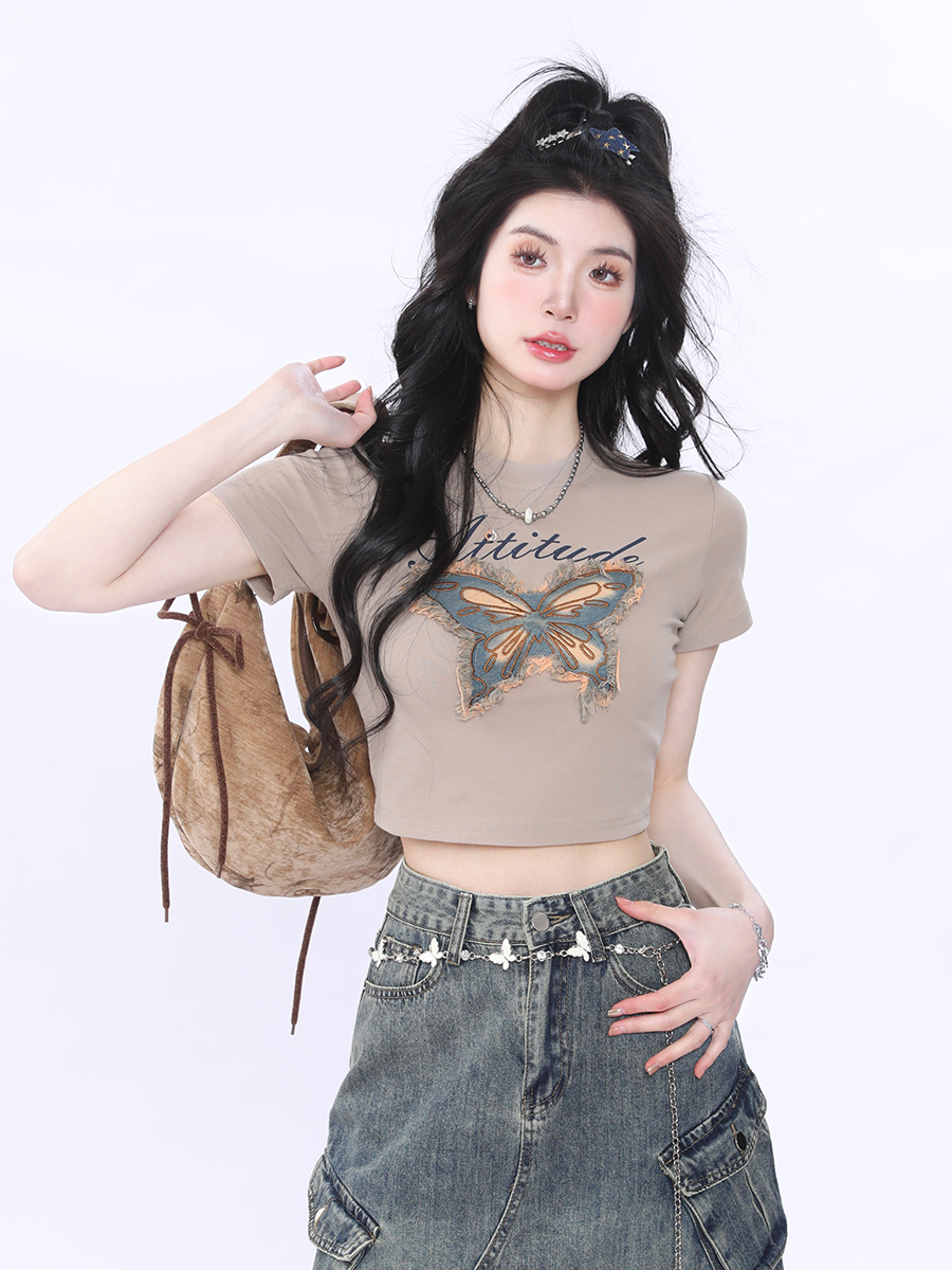 AONW夏季新款復古立體蝴蝶短款T恤女正肩短袖辣妹修身甜辣上衣