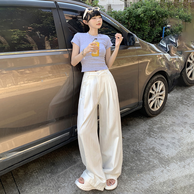 實拍美式復古寬鬆闊腿褲白色垂感透氣百搭直筒牛仔褲女&長褲加長
