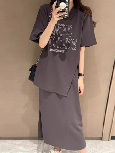 Miss Korean Suit 2024 New Large Size Niche Loose Slim Long T-shirt Skirt Fashion Two-piece Set