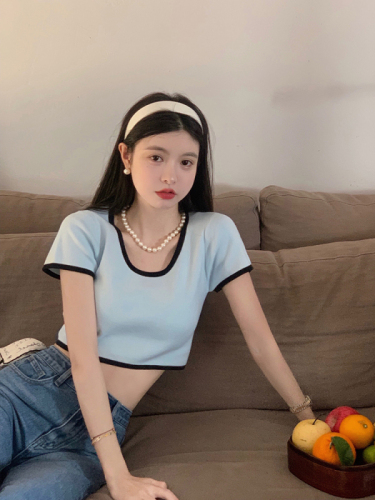 Fan Zhiqiao purple short knitted t-shirt for women summer abg sweet and sassy slim short-sleeved high-waisted navel hot girl top