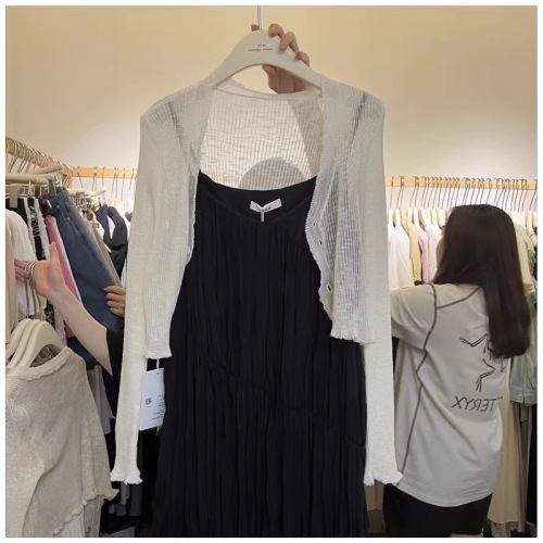 French light sun protection knitted cardigan short high-waisted top women's summer thin coat hollow slightly see-through fungus edge