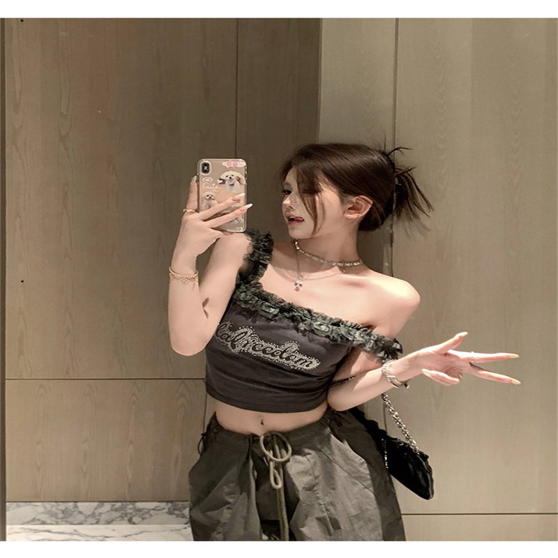 Chic and High-end Stylish Women's Top with Unique Design, Lace Trim, and Embroidered Letters, Sexy Backless Blouse for Trendy Girls, Short-Sleeve Top