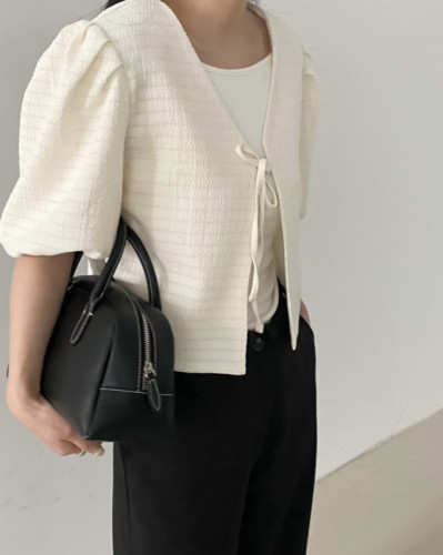 Simple V-neck mid-sleeve puff sleeve shirt cardigan jacket