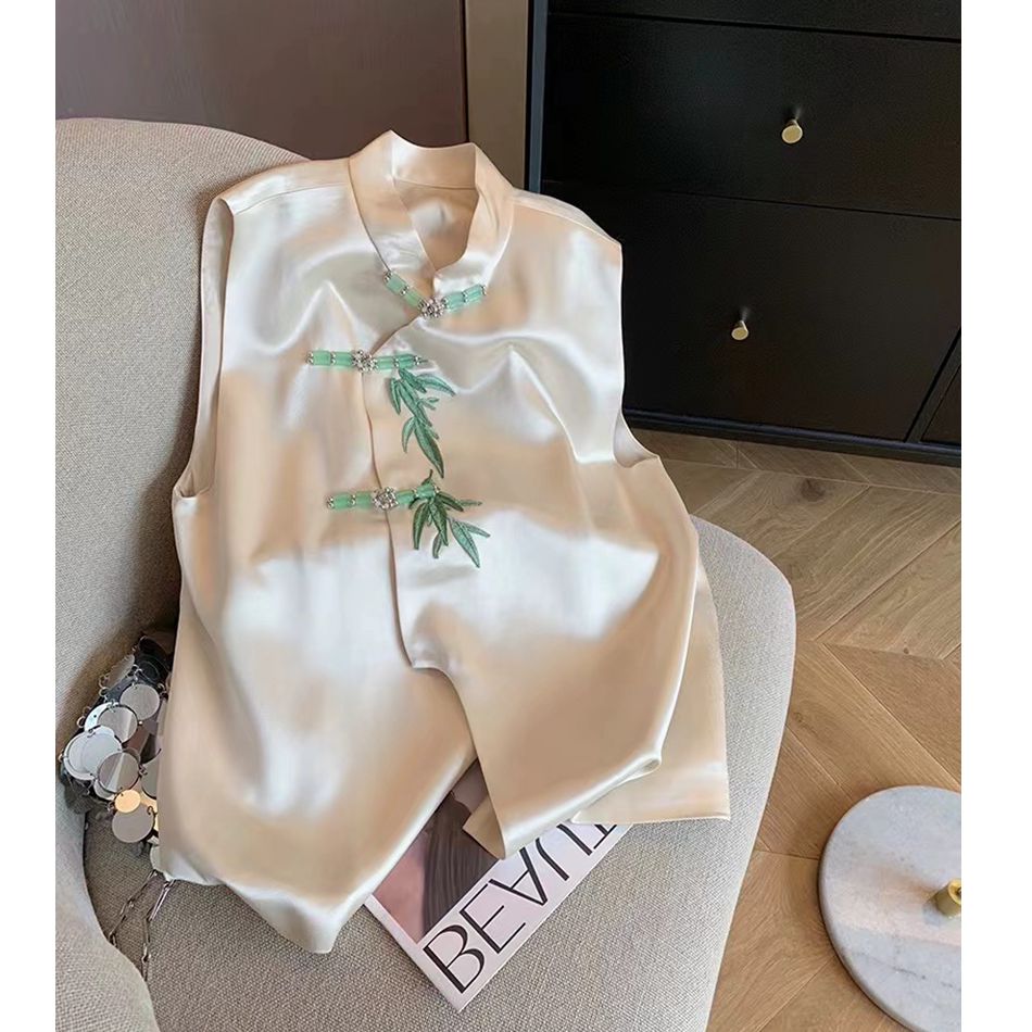 新中式杏色竹子印花緞面立領馬甲2024女春夏國風復古高端無袖背心