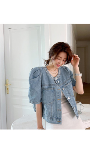 2024韩国chic减龄短款设计感泡泡袖订珠短款牛仔外套女