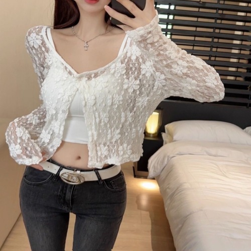 White sun protection clothing lace cardigan jacket women summer thin outer shawl hollow slightly see-through long-sleeved short top