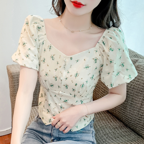2024 Summer New French Square Neck Floral Short-Sleeved Shirt Feminine Short Puff Sleeve Top Sweet Small Shirt