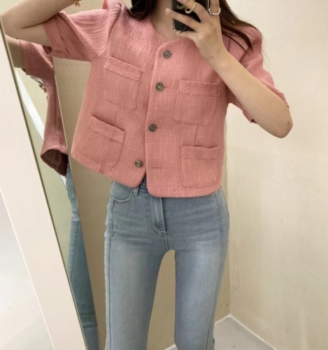 French retro temperament round neck small fragrant style single-breasted short-sleeved top jacket 3 colors