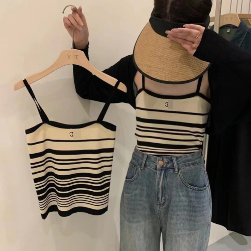 Korean style embroidered striped color-blocking knitted bottoming suspenders 2024 simple light luxury spaghetti straps worn outside vest look slim and trendy