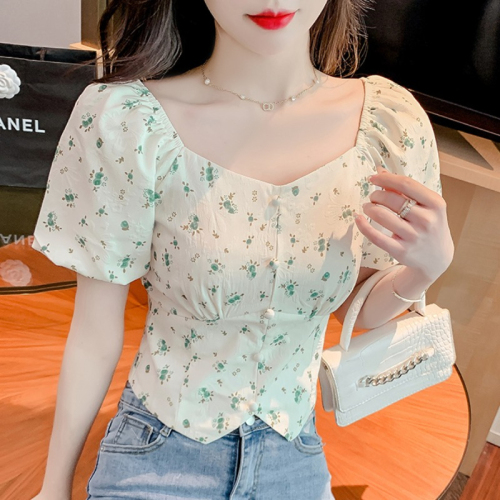 2024 Summer New French Square Neck Floral Short-Sleeved Shirt Feminine Short Puff Sleeve Top Sweet Small Shirt