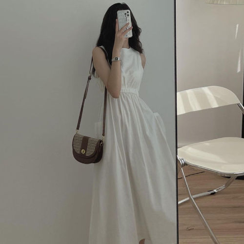 Korean chic summer niche simple round neck pleated high waist slim double pocket sleeveless vest dress for women