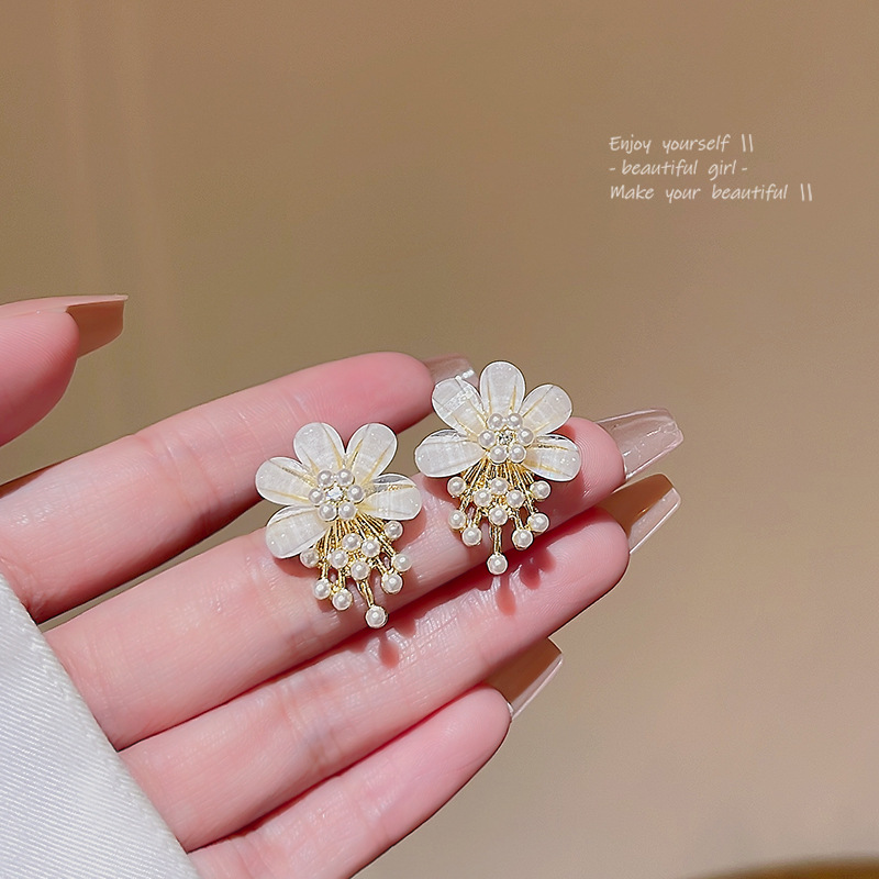 S925銀針超仙氣質亞克力花朵耳環女輕奢小眾網紅同款珍珠耳釘耳飾