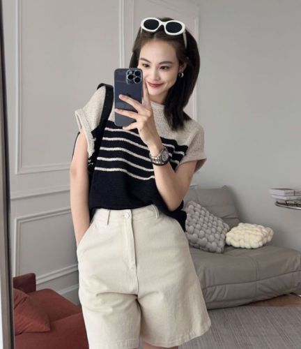 2024 new summer striped tops color-blocked round neck loose thin knitted women's