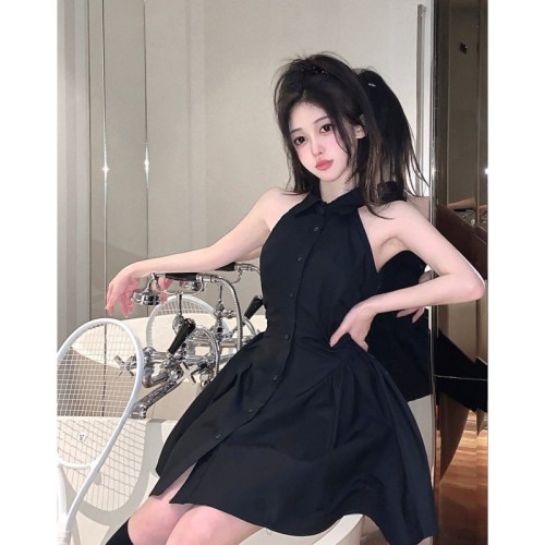 Pure lust style polo collar dress for women summer French hottie A-line high-end waist slimming princess short skirt