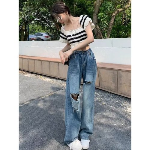 High Street Ripped Straight Jeans Women's Autumn Trendy High Waist Retro Floor-Mapping Loose Wide Leg Pants Trousers