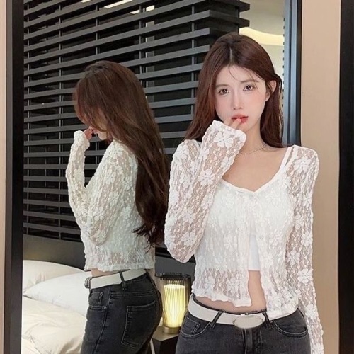 White sun protection clothing lace cardigan jacket women summer thin outer shawl hollow slightly see-through long-sleeved short top