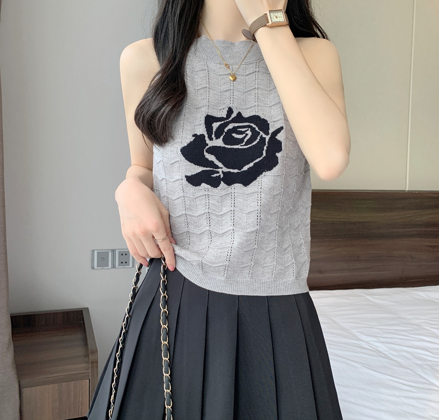 Shot Pure Desire Neckline Knit Strap Women's Early Spring New Sexy Sleeveless Base Top Sweet Cool Spice Girl