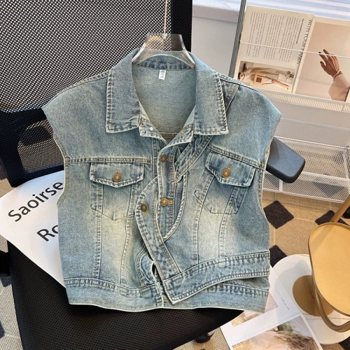 Light blue denim waistcoat sleeveless vest European thin design retro vest jacket layered top