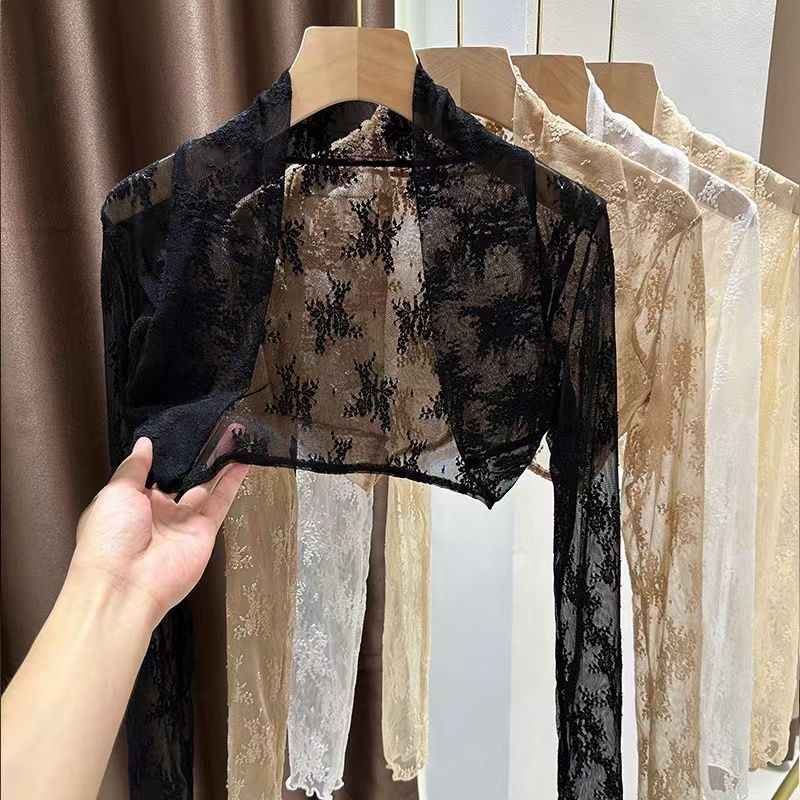 French slim waistcoat cardigan for women summer hollow sun protection blouse lace shawl with skirt straps for outer wear
