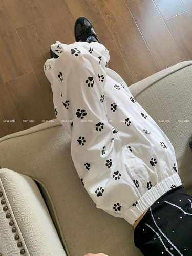 Real shot~ Dog footprints custom printed elastic waist casual trousers for women loose white straight wide leg pants