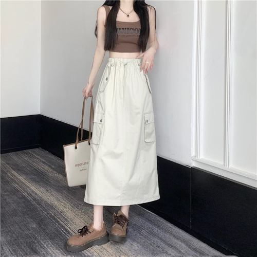 Summer new American retro drawstring workwear skirt slit high waist loose A-line mid-length skirt for women