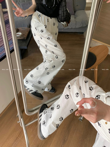 Real shot~ Dog footprints custom printed elastic waist casual trousers for women loose white straight wide leg pants