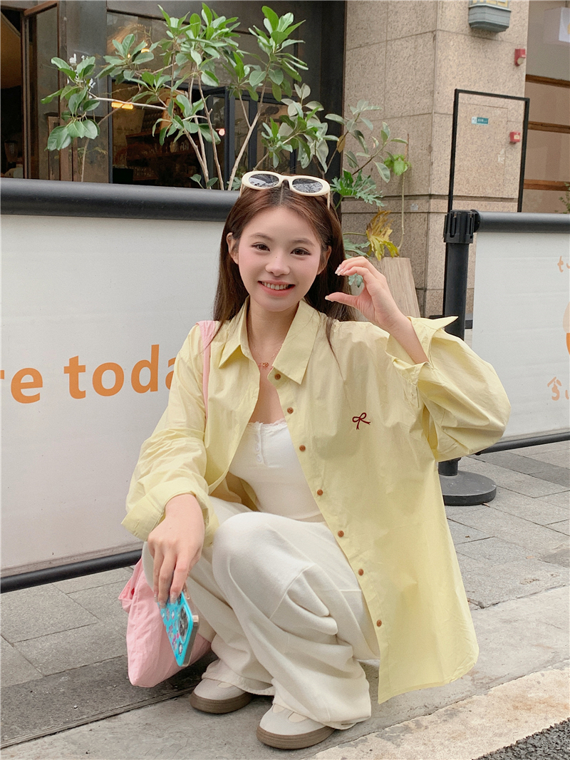 Actual shot Korean versatile bow embroidered long-sleeved shirt