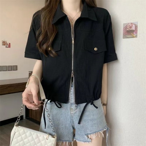 Drawstring zipper shirt for women summer Korean version 2024 new workwear design short loose short-sleeved top