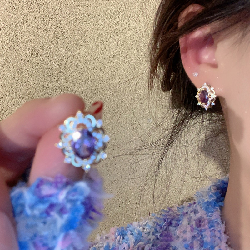 S925銀針法式紫水晶花邊耳釘女輕奢小眾高級感宮廷風耳環網紅耳飾