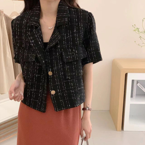 Spring and summer retro short-sleeved plaid suit slub loose jacket