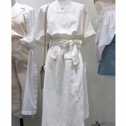外贸韩国东大门春夏季超仙纯色系带连衣裙ins冷淡风修身白色裙