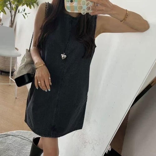 韩国chic复古气质后背镂空系带设计无袖背心牛仔连衣裙短裙