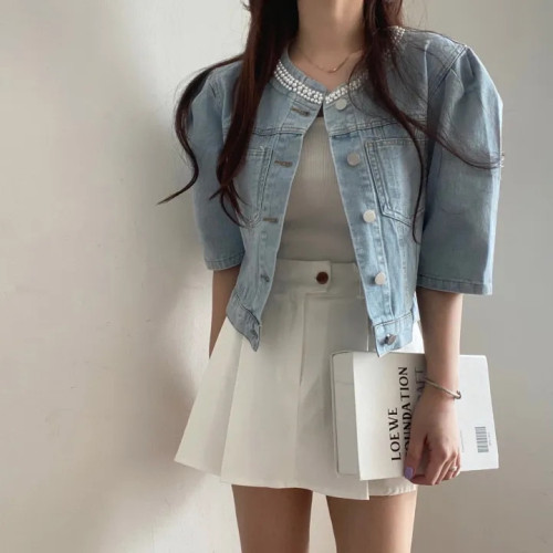 2024夏季 韩国 新款韩版短款设计感泡泡袖订珠牛仔外套