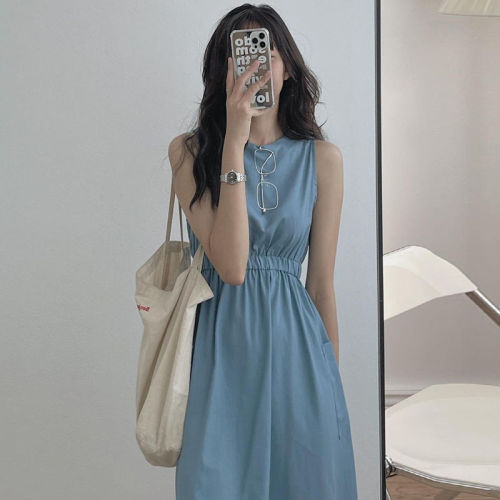 Korean chic summer niche simple round neck pleated high waist slim double pocket sleeveless vest dress for women