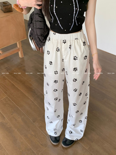 Real shot~ Dog footprints custom printed elastic waist casual trousers for women loose white straight wide leg pants