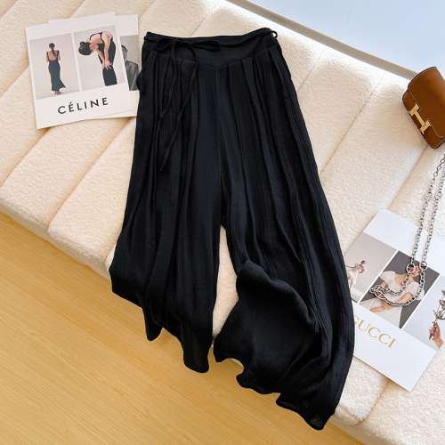 Retro ice silk linen cotton pleated fluttering wide-leg long culottes for women in spring and summer pinch waist drape versatile casual pants with wide swing