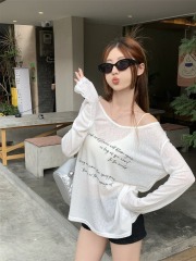 Real shot letter printed loose casual T-shirt sun protection thin long-sleeved top for women