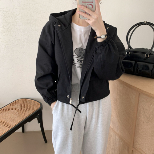 Thin sun protection clothing Korean all-match hooded zipper loose casual all-match solid color long-sleeved short coat for women