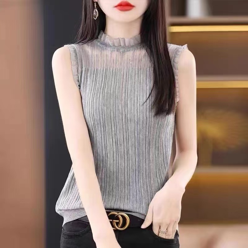 法式時尚花邊領背心女秋冬網紗半高領打底衫假領蕾絲內搭無袖上衣