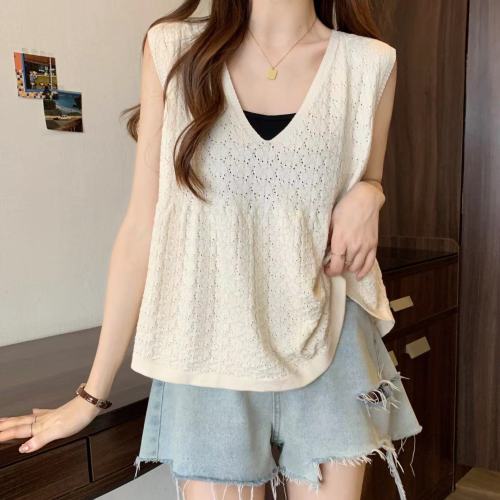 Suspension women's 2024 summer new style women's V-neck sleeveless vest doll shirt short flesh-covering slimming top