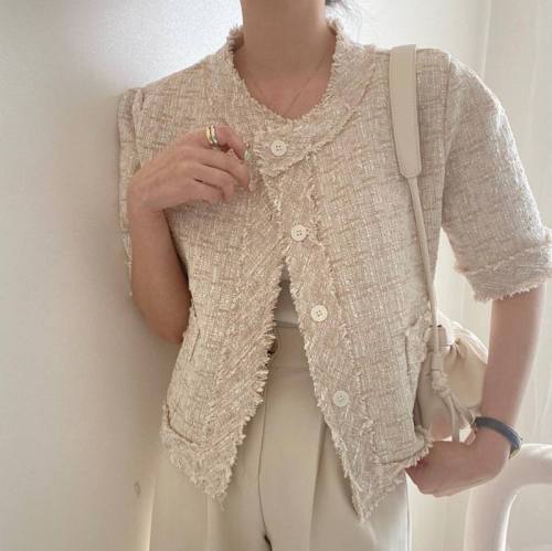 French gentle style milk blue white design tassel raw edge loose and versatile tweed short coat