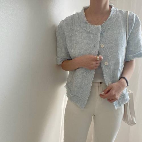 French gentle style milk blue white design tassel raw edge loose and versatile tweed short coat