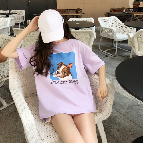 Actual shot of 2024 new summer style versatile digital printing oil painting puppy short-sleeved loose cotton T-shirt for women trendy