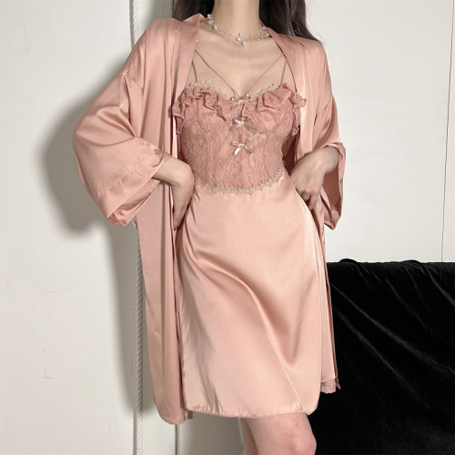 Spring padded nightgown for women with lace V-neck ice silk pajamas slimming thin nightgown two-piece set