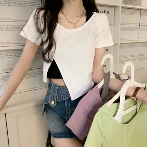 假两件挂脖T恤女夏季韩版新款设计感辣妹修身显瘦不规则上衣