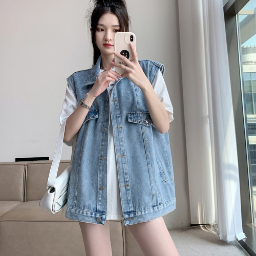 Actual shot ~ Retro denim vest jacket for women, Korean version, loose and versatile, layered vest top