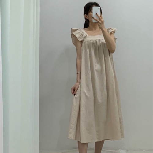Original in stock 2024 Korean chic French retro square neck pleated high waist flying sleeves long dress