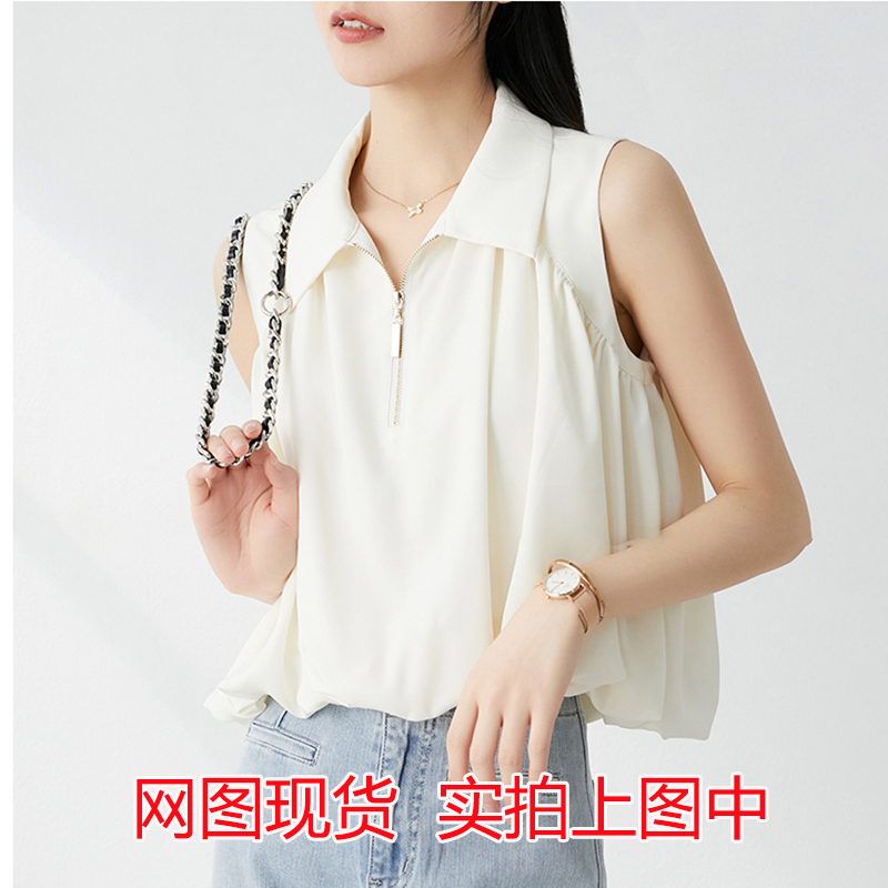 奶白色背心女夏時尚翻領無袖蓬鬆上衣